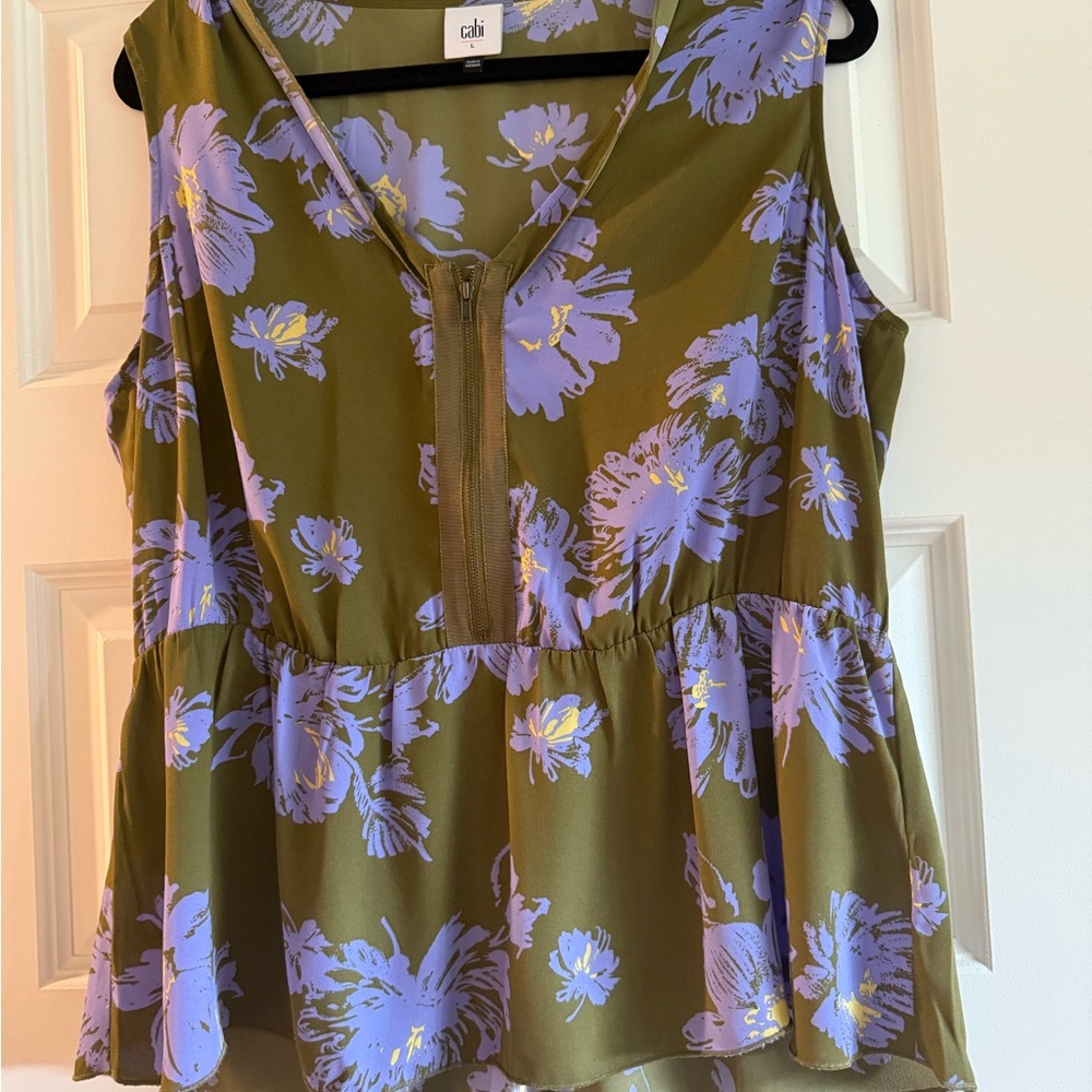 CAbi Olive and Purple Floral Peplum Blouse